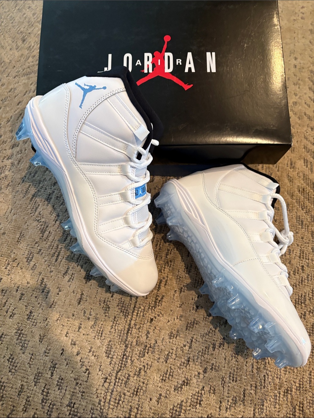 Jordan 11 Legand White and Light Blue Cleat-Sneakers. Football